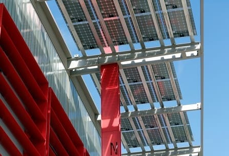 Solar Panel Awning covering entrance at Nueva Highschool.