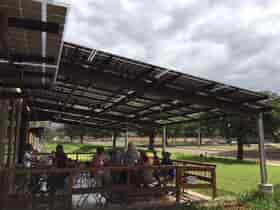 LSX Solar Panel Canopy covers the seating and dining area at Maui Brewing.
