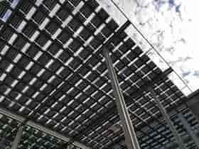 Solar Panel Awning structure underside view with steal beam structure at UC Irvine CA