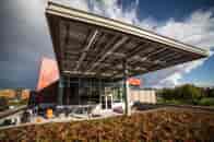 LSX Solar Canopy over the outdoor cafe at the Tutt Library provides protection from the weather while generating solar power for the school on a sunny day.