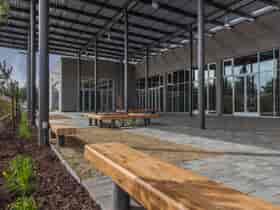 GSX Bifacial Glass-glass Solar Panels cover the outdoor canopy at the zero energy Pastoria Building.