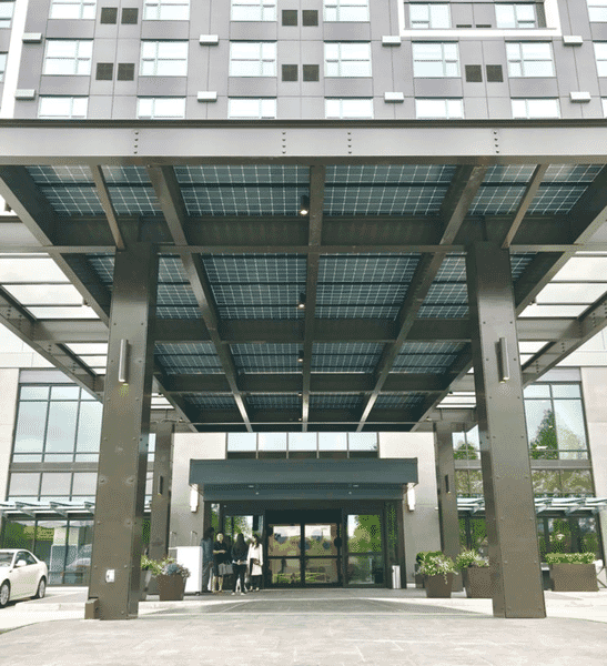 GSX Bifacial Solar Panels cover the entryway canopy at the Interurban Hotel.