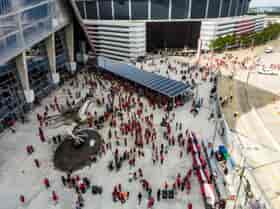 Solar Canopy provides shade and solar power over the entrance of the Mercedes Benz Stadium as seen from this aerial view.