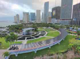 LSX Curved SolarScape covers the walkway around Miami Bayfront Park from an aerial view with downtown Miami in the background