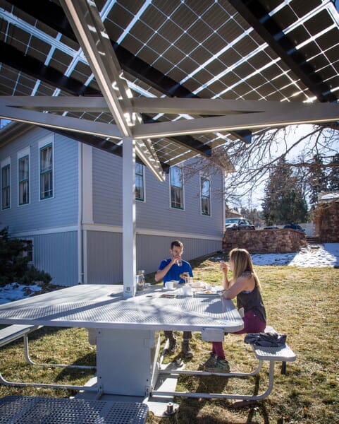 Solar Powered Shade Table on lawn in Chautauqua Park, Boulder Colorado