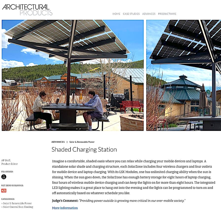 Lumos stand-alone solar shaded charging station with wireless charging, weatherproof outlets, LED lighting, and WiFi